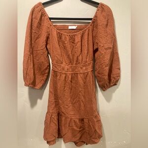 100% Cotton Lush Charming Afternoon Tan Gingham Balloon Sleeve Mini Dress Small